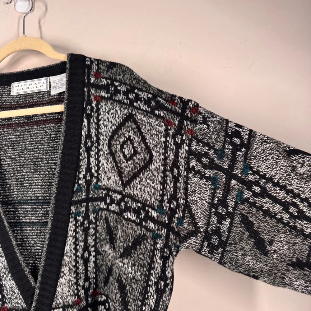 Michael Gerald Vintage Mens Cardigan Sweater Gray Geometric Knit Size M